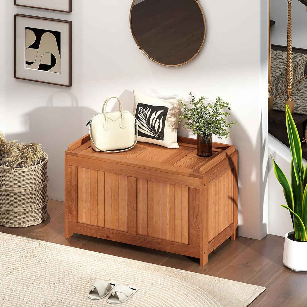 HAPPYGRILL Outdoor Wood Deck Box with Flip Top, Patio Storage Bench for Garde...