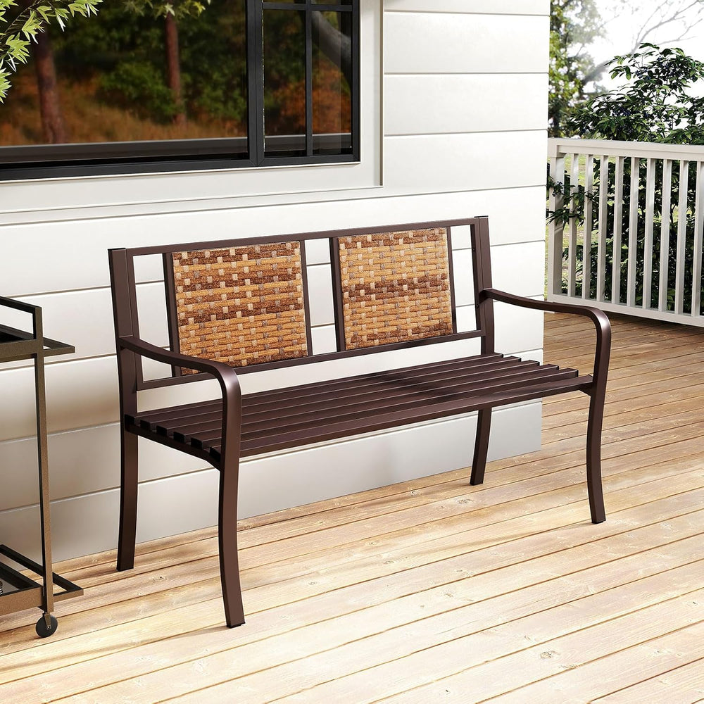 GIANTEX Outdoor Bench with PE Rattan Backrest, Curved Armrests, Slatted Seat ...