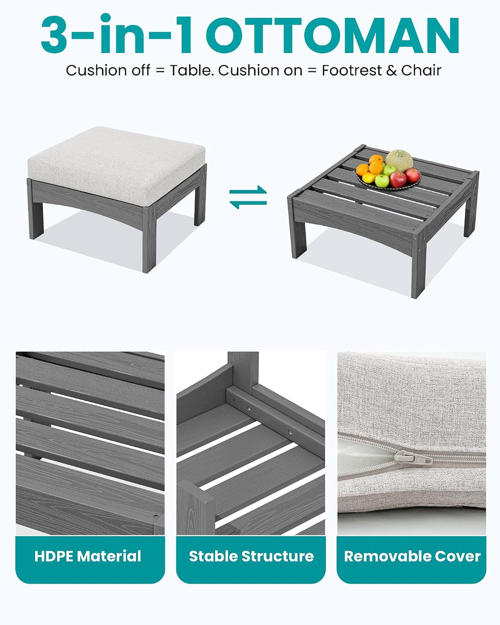 SERWALL 5 Piece Patio Sofas, Outdoor Sectional Sofa with Coffee Table, Grey