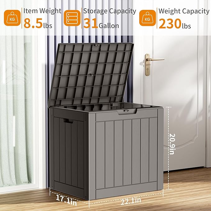 31 Gallon Resin Deck Box, Lockable Patio Outdoor Storage Box for Furniture, G...