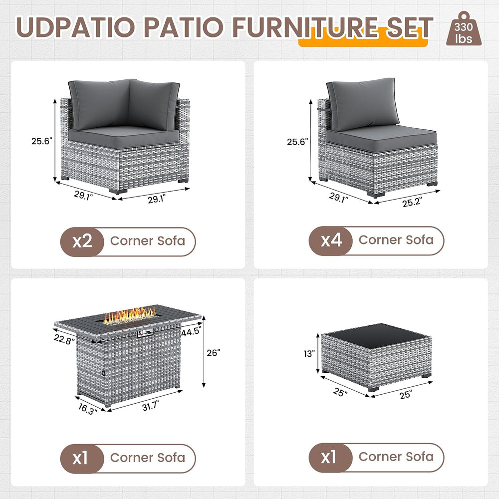Outdoor Patio Furniture Set with Fire Pit 8 Pcs Wicker Sectional Sofa Grey