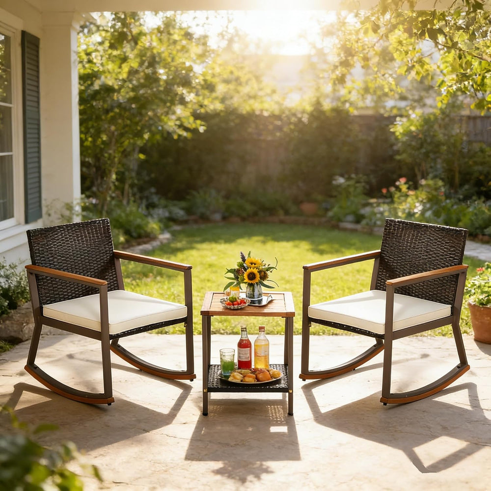 COSTWAY 3 Pieces Patio Rocking Bistro Set, Outdoor Wicker Acacia Wood Sets