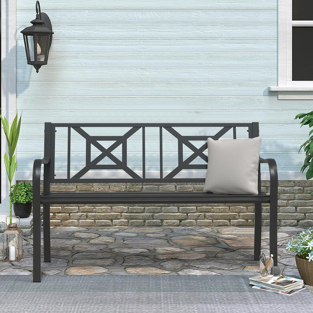 Black Outdoor Bench, Metal Weatherproof Garden Bench Cast Iron Heavy-Duty Pat...