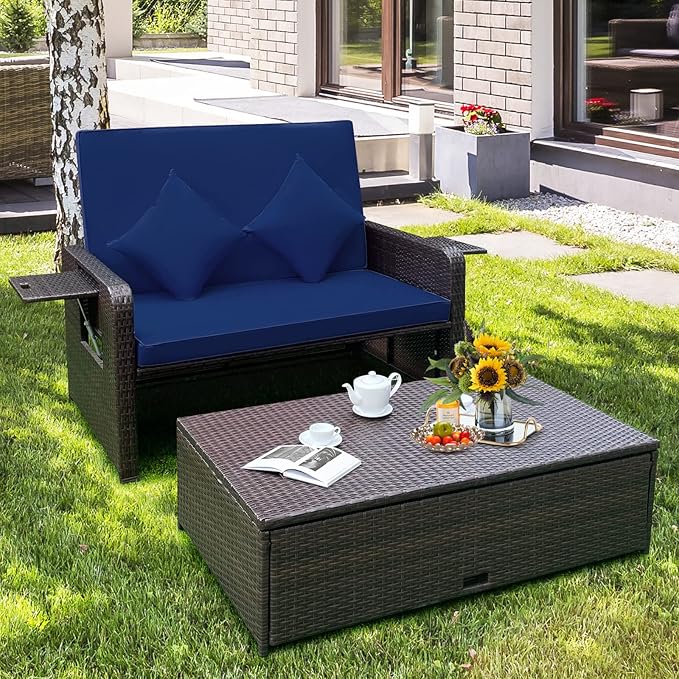 LDAILY Moccha Outdoor Daybed, Wicker Loveseat Sofa Set with 4-Postion Adjusta...