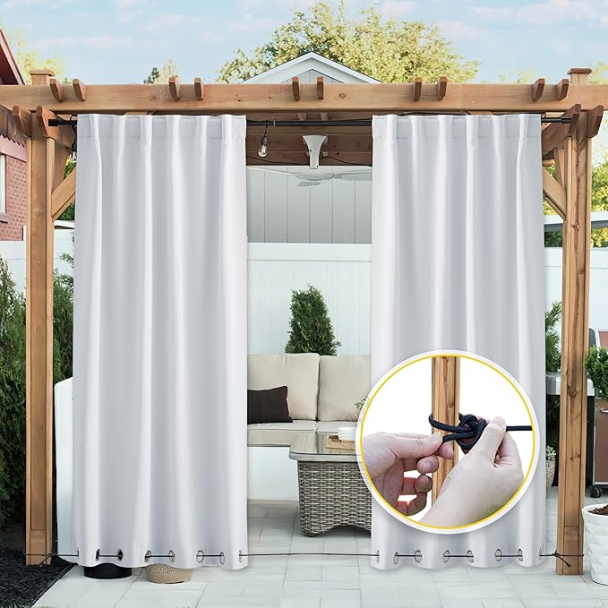 NICETOWN 2 Panels Greyish White Privacy Outdoor Curtains for Patio, Waterproo...