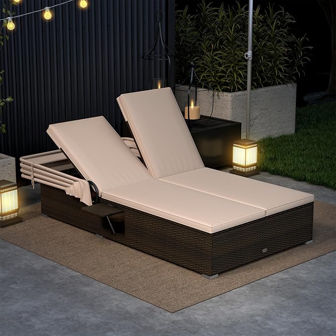 RELAX4LIFE Outdoor Daybed with Retractable Canopy - Wicker Double Chaise Loun...