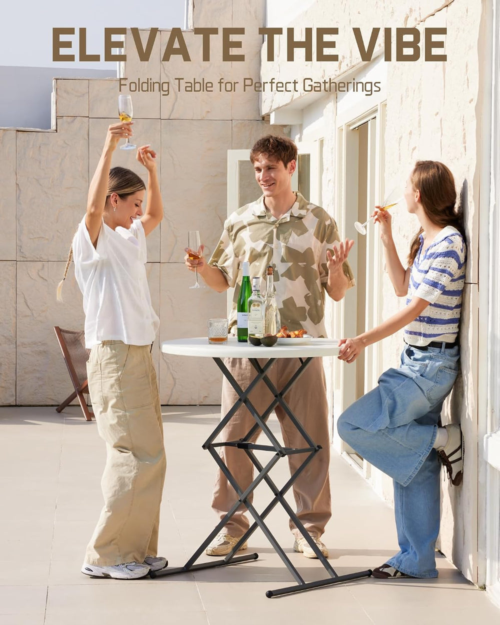 FanttikOutdoor Folding Table Round 32" Quick Adjust 4 Heights Party, Patio