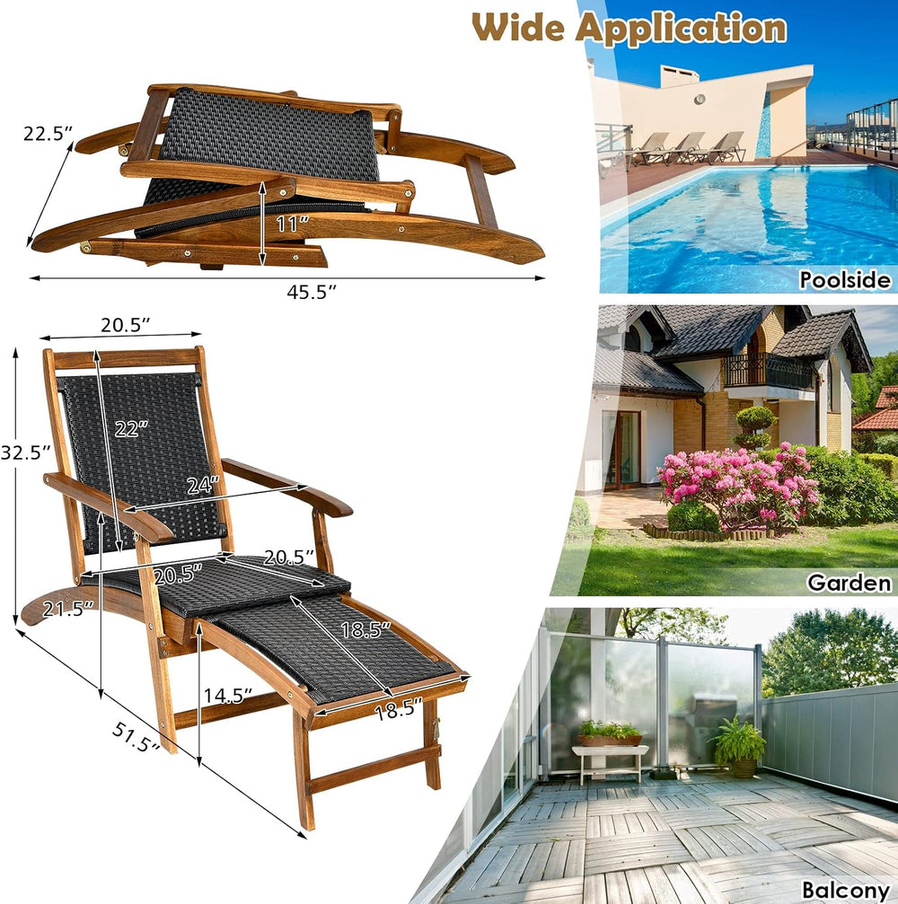 COSTWAY Patio Folding Rattan Lounge Chair, Acacia Solid Wood Frame