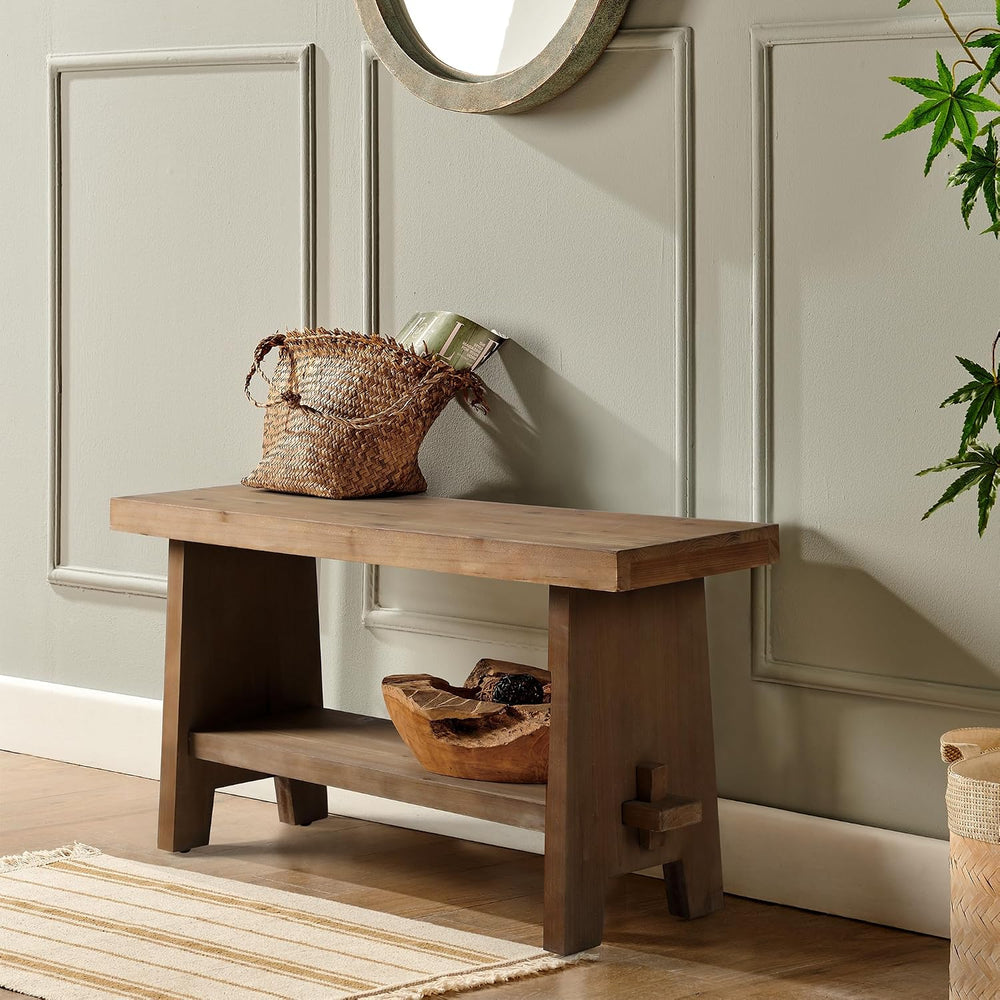 HOKYHOKY Wood Entryway Bench - 31.5" Farmhouse Small Storage Bench, Indoor