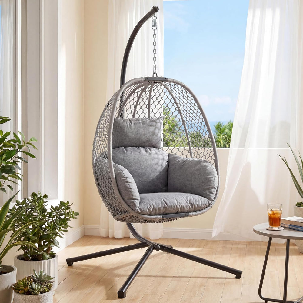 Outdoor Egg Hanging Chair with Stand, Honeycomb Wicker Swing Chair for Patio,...