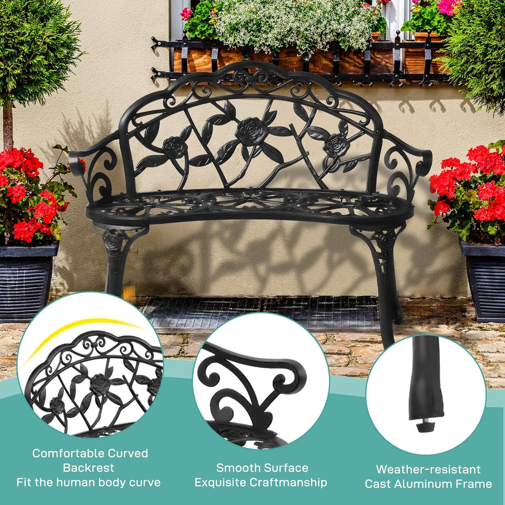 Patio Garden Bench, 38" Cast Aluminum Outdoor Chair Anti-Rust Weather Re...
