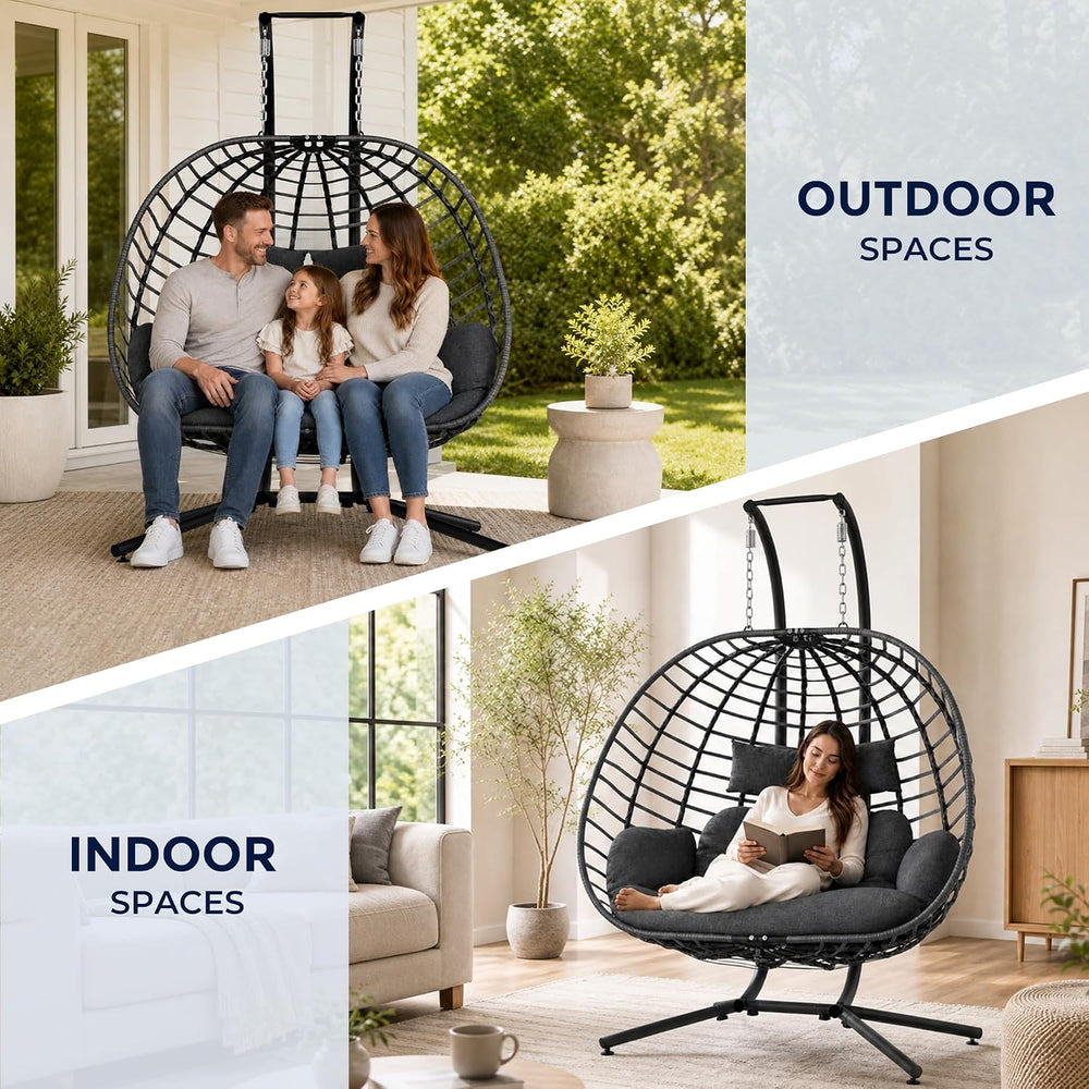 SWITTE Double Egg Chair Outdoor with Stand, Patio Hanging Swing, Grey