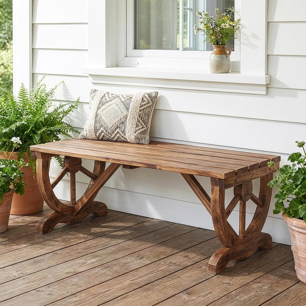 Outvita 39'' Outdoor Wooden Bench, 2-Person Rustic Wagon Wheel Bench ...