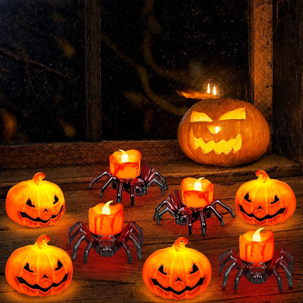 8 PCS Halloween Spider Pumpkin Candles, Battery Operated Halloween Tea Lights...