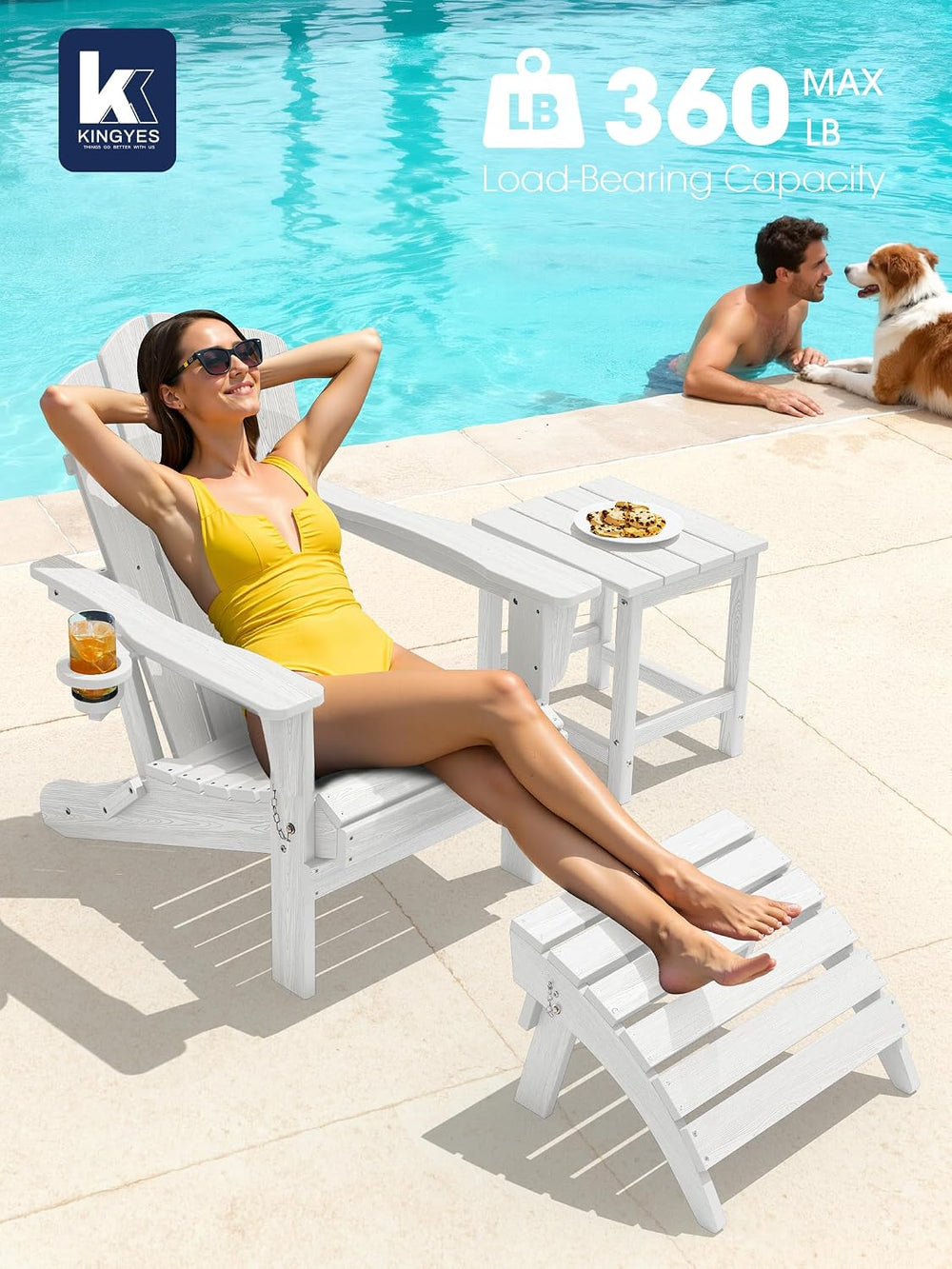 KINGYES Folding Adirondack Chair Set of 2 with Cup Holder, White