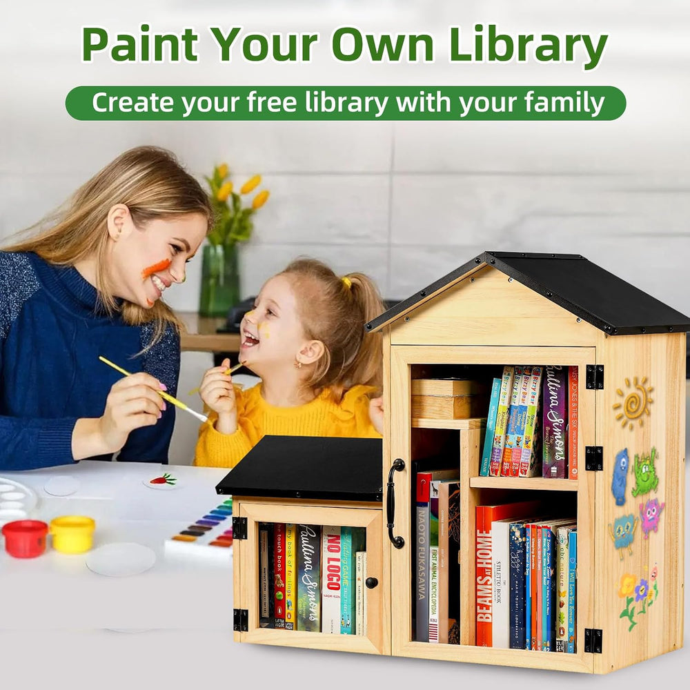 Outdoor Library Book Box, Solid Wood Free Library with Large & Small Comp...