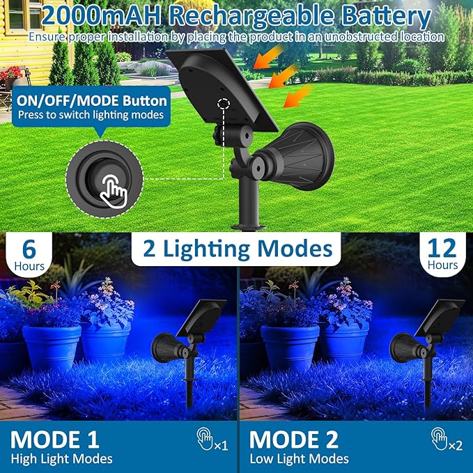 T-SUNUS Blue Solar Lights Outdoor Christmas, 2 Modes Garden Spotlights Waterp...
