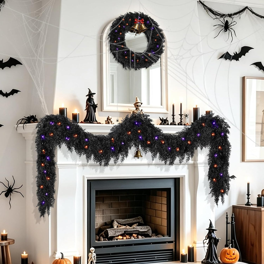 9ft Black Cedar Halloween Garland for Mantle, Soft Touch with Timer Lights