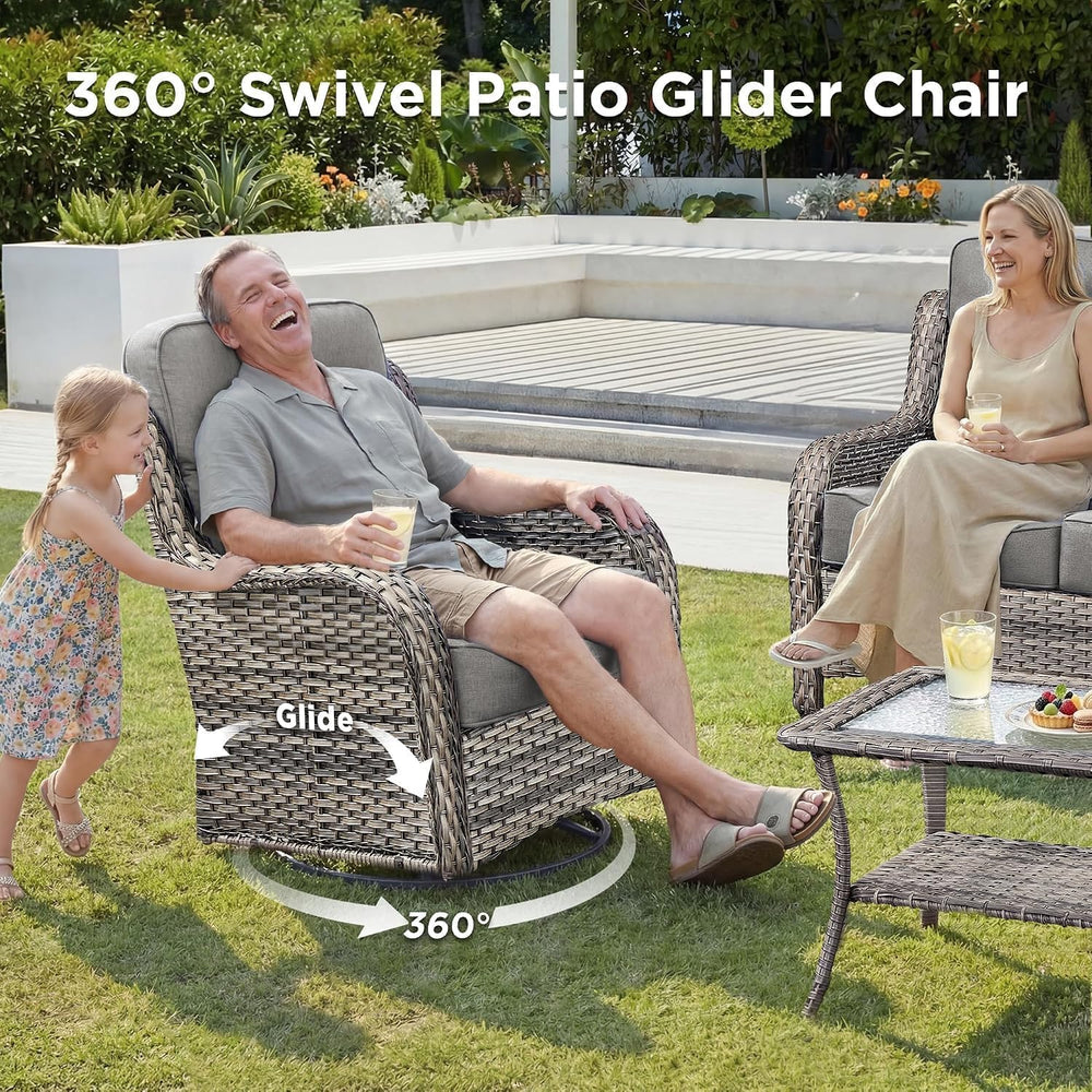 Luxury Patio Furniture Set with Fire Pit Table-4 Pieces High Back Wicker Swiv...