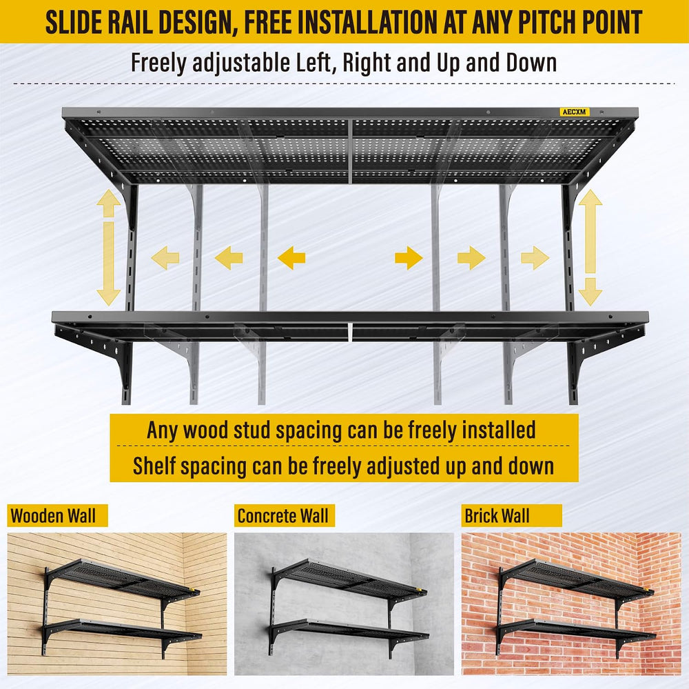 2 Tier 1.3x4ft Garage Shelving Wall Mounted, 15.6x48inch per Shelf Height Cas...