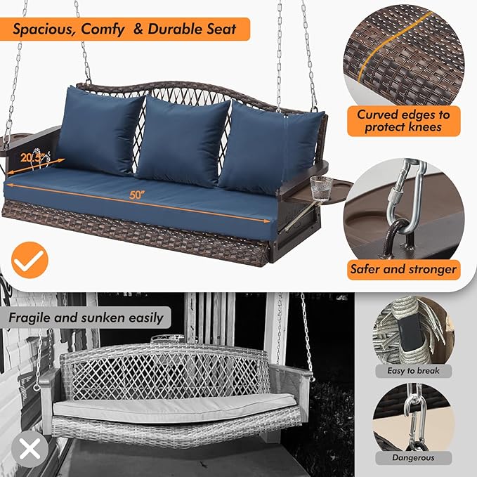 Upgraded Wicker Hanging Porch Swing Heavy Duty 900 LBS 3-Seat Outdoor Patio S...