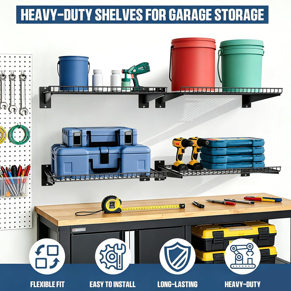 Garage Wall Shelving 24"x16.5" 4-Pack, Wall Mounted Shelves, Black