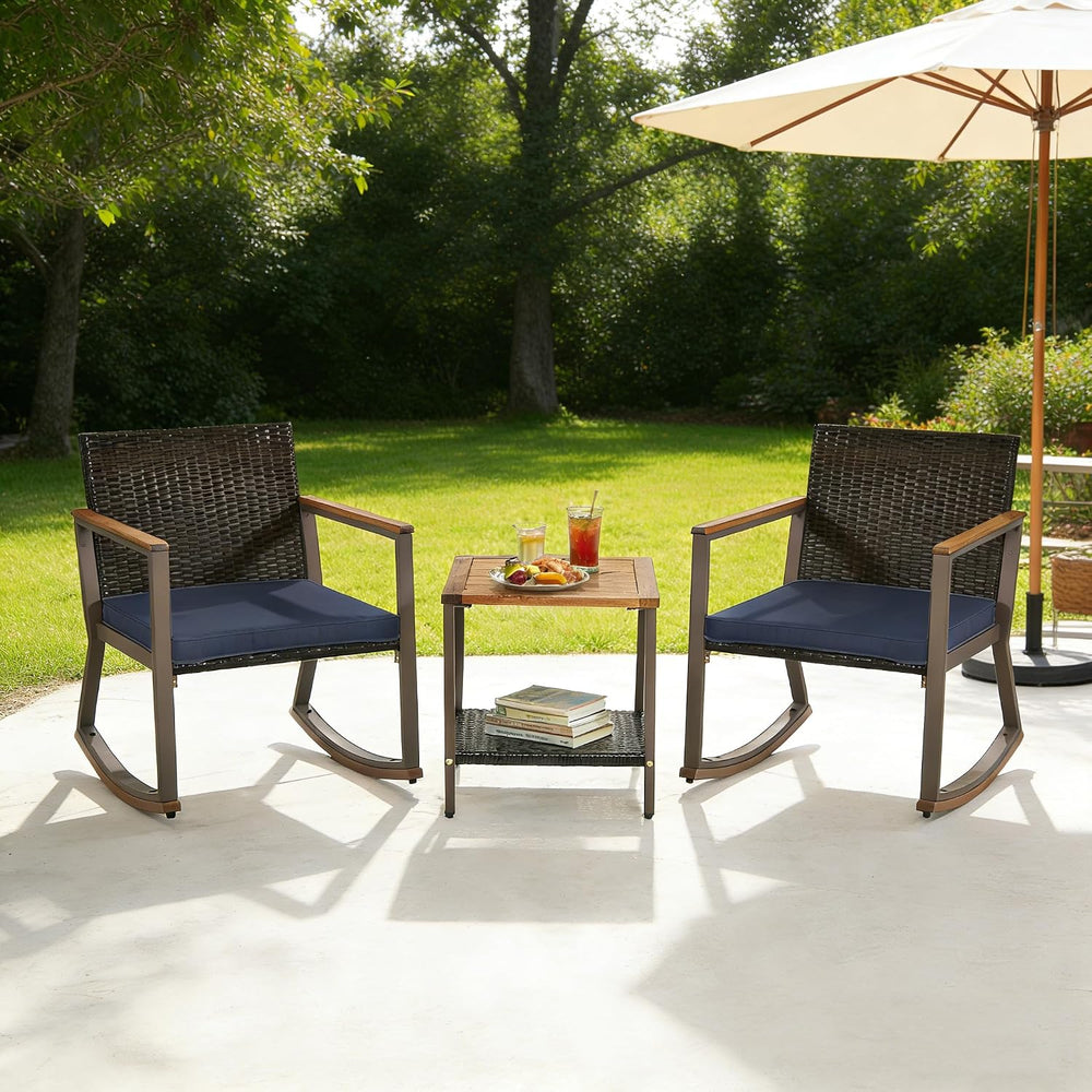 COSTWAY 3 Pieces Patio Rocking Bistro Set, Outdoor Wicker Acacia Wood Sets