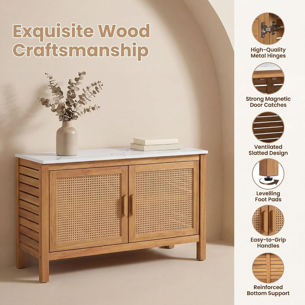 Giantex Acacia Wood Outdoor Cabinet, Storage Cabinet w/Faux Marble Top, Ratta...