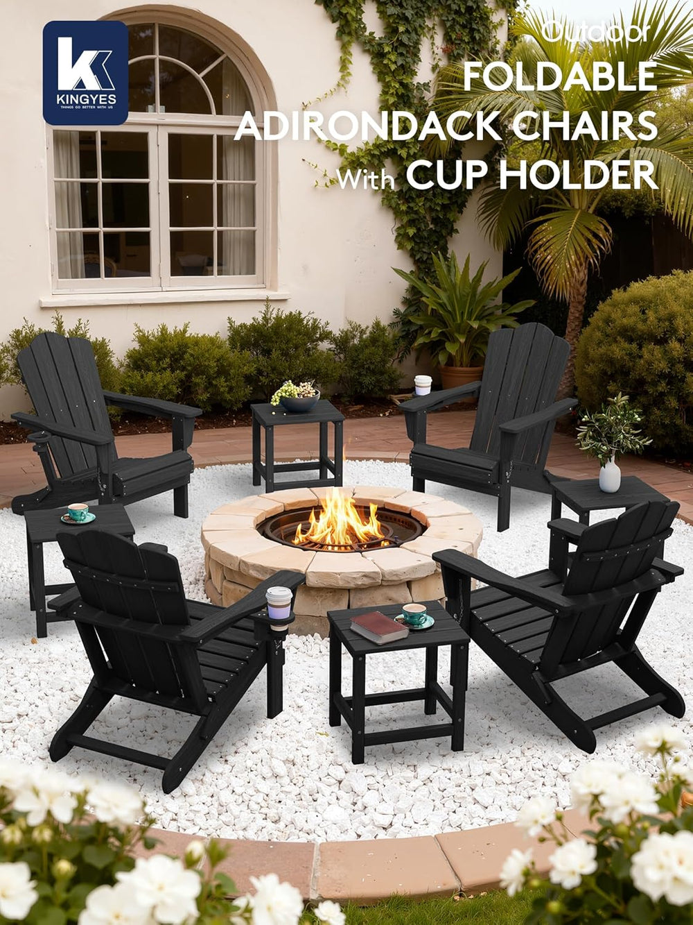 KINGYES Folding Adirondack Chair Set of 2 with Cup Holder, Black