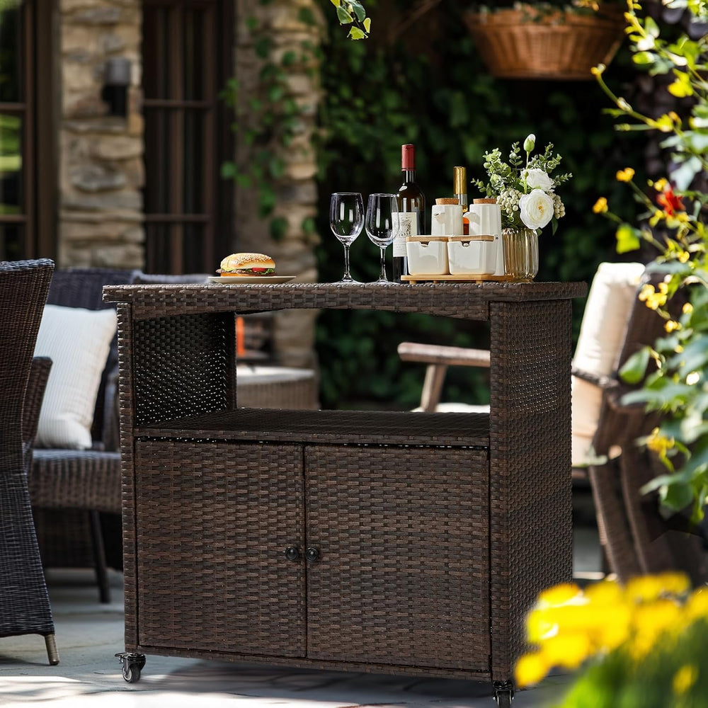VINGLI Wicker Outdoor Bar Cart with Storage & Rolling Wheels, Patio Bar T...