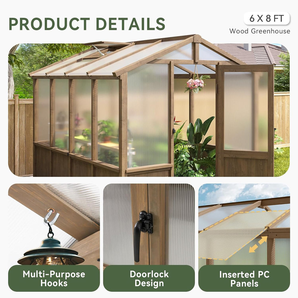 Aoxun 6x8 FT Wooden Greenhouse for Outdoors, 6MM Thick Polycarbonate Panel, W...