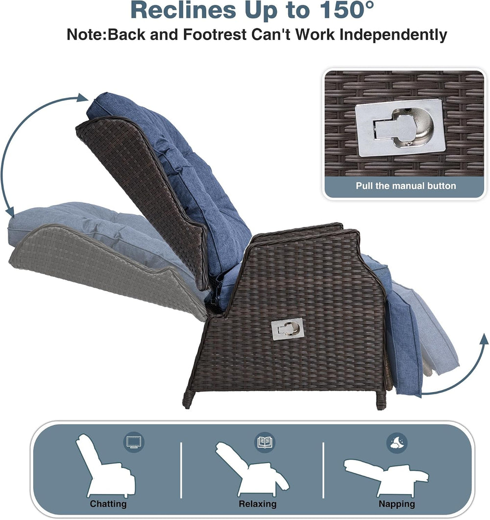 Outdoor Wicker Recliner with Adjustable Back and Footrest,Navy