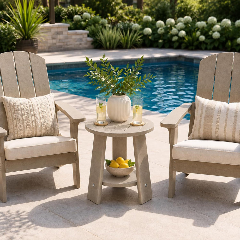 Round Outdoor Side Table, 2-Tier Small HDPE Side Table, Brown