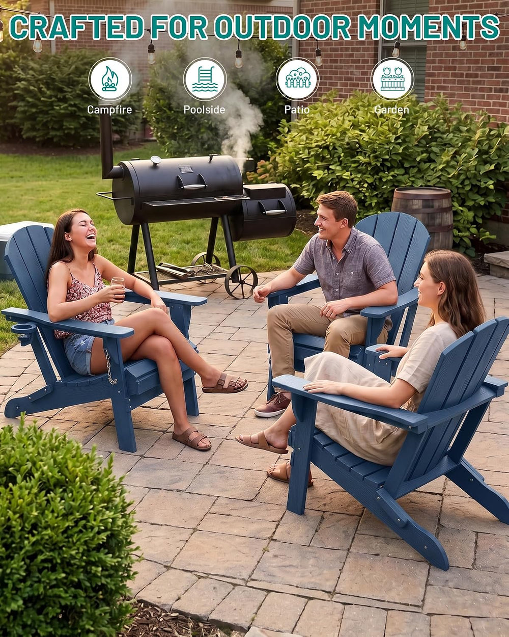 PLUUV Adirondack Chair Set of 6, Fire Pit Chairs with Cup Holder, Navy