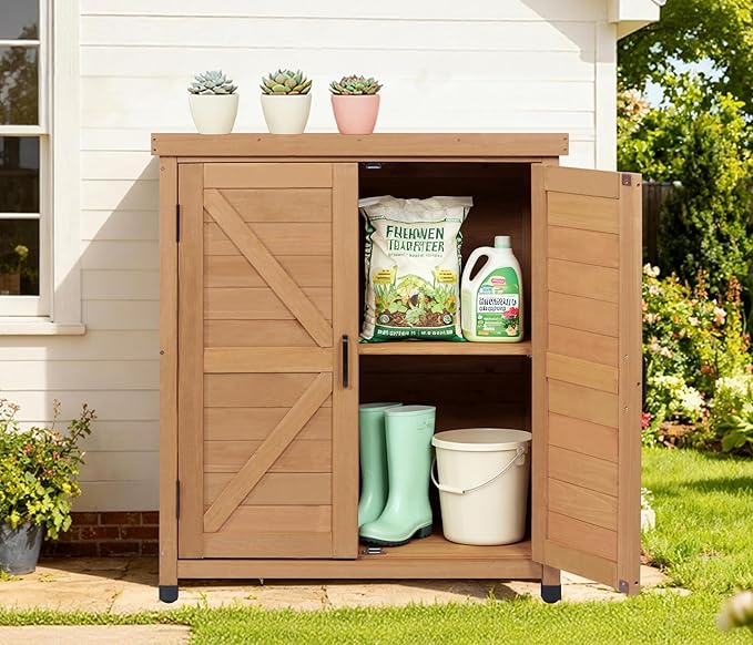 Outdoor Potting Bench with Storage Cabinet and Metal Top, Wood Workstation fo...