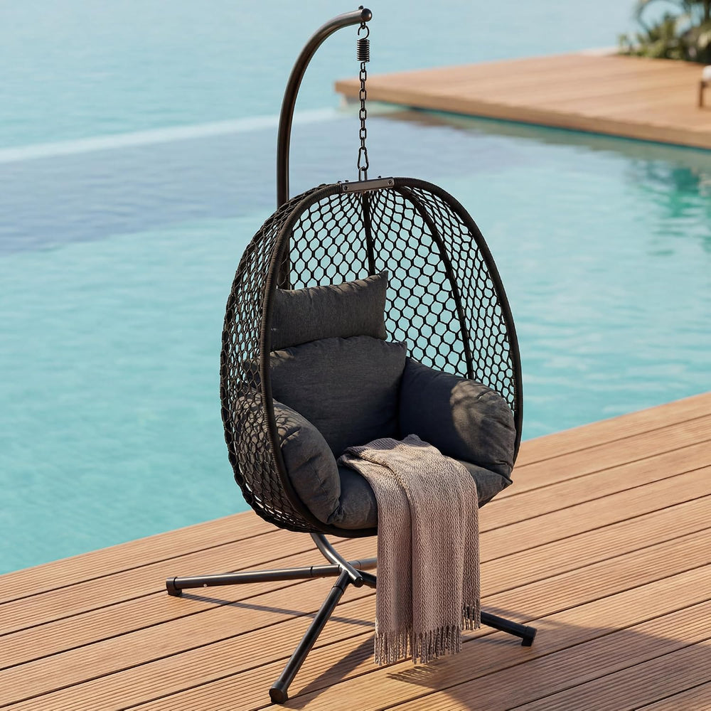 Egg Chair Outdoor with Stand, 400lbs Wicker Hanging Egg Swing Chair, Porch Sw...