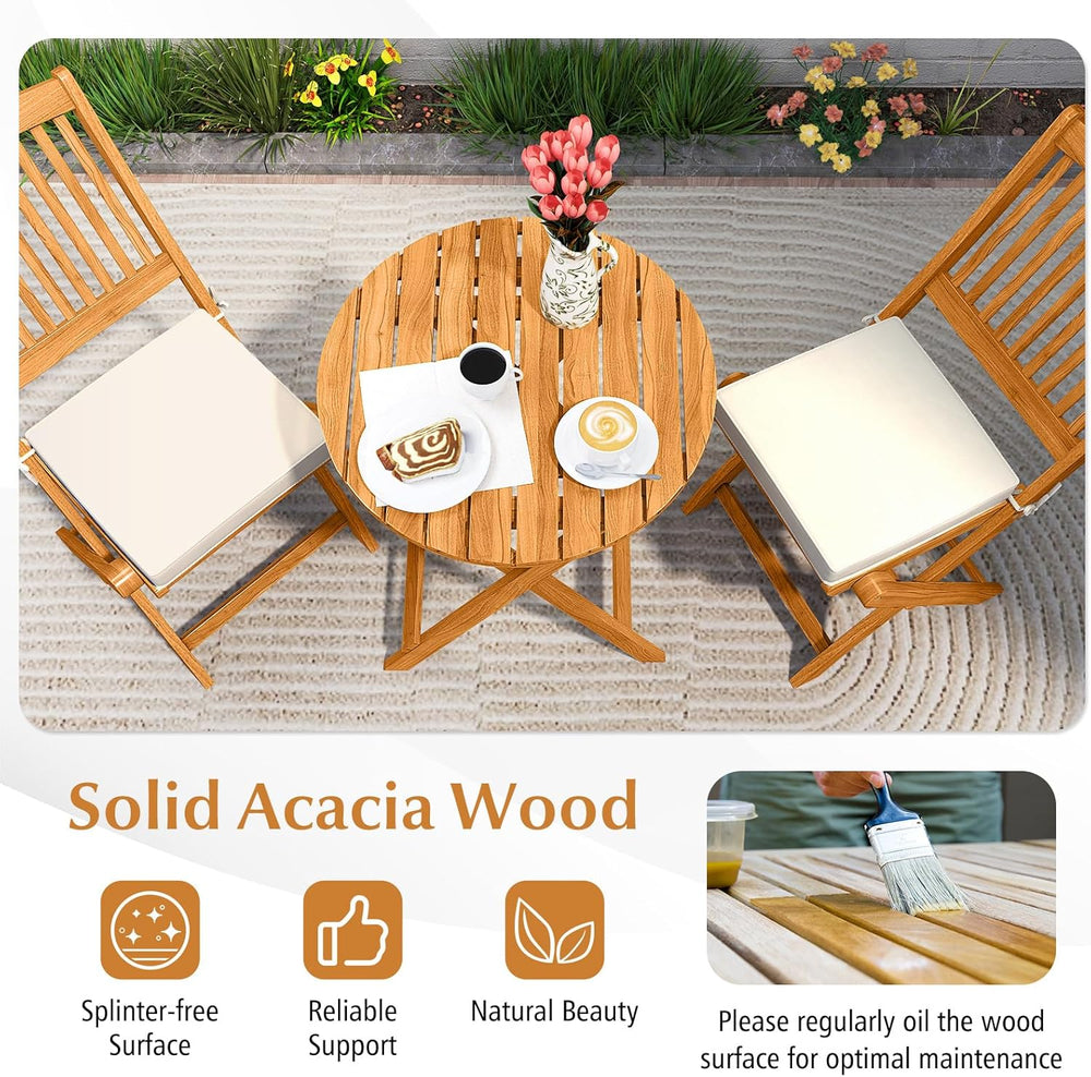 Tangkula 3 Pieces Acacia Wood Patio Folding Bistro Set, Outdoor Table and Cha...