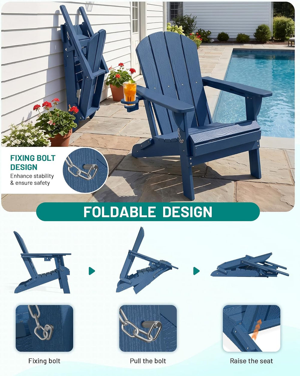 PLUUV Adirondack Chair Set of 6, Fire Pit Chairs with Cup Holder, Navy