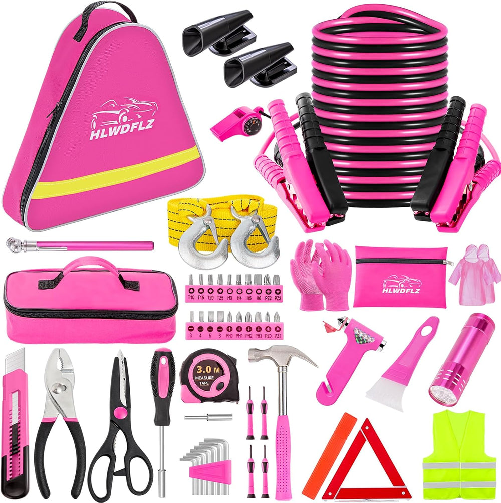 Car Roadside Emergency Kit - Pink Roadside Assistance Emergency Kit with Jump...