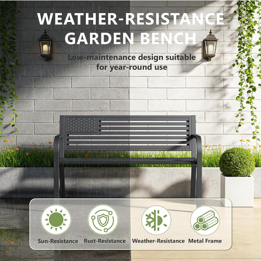 Outdoor Garden Bench with Classic Stars and Stripes Metal Backrest 2 Pack, Me...