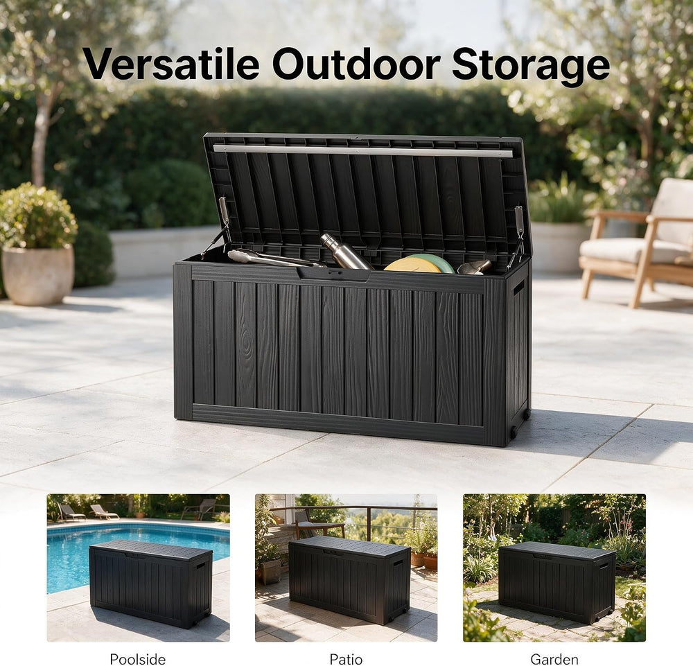92 Gal Deck Box,Waterproof Resin Outdoor Storage Gas Lift,Lockable Black