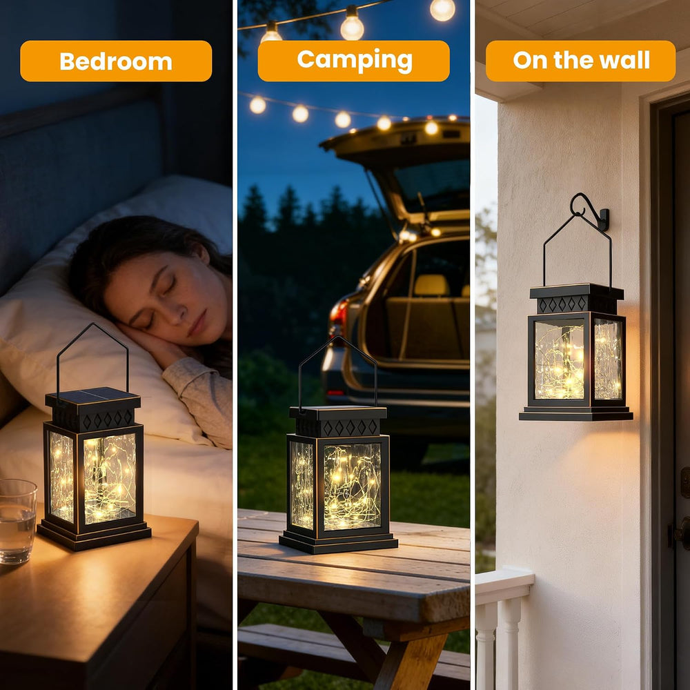 2 Pack Farmhouse Solar Lanterns , Water Ripple Glass & Copper Wire Flicke...