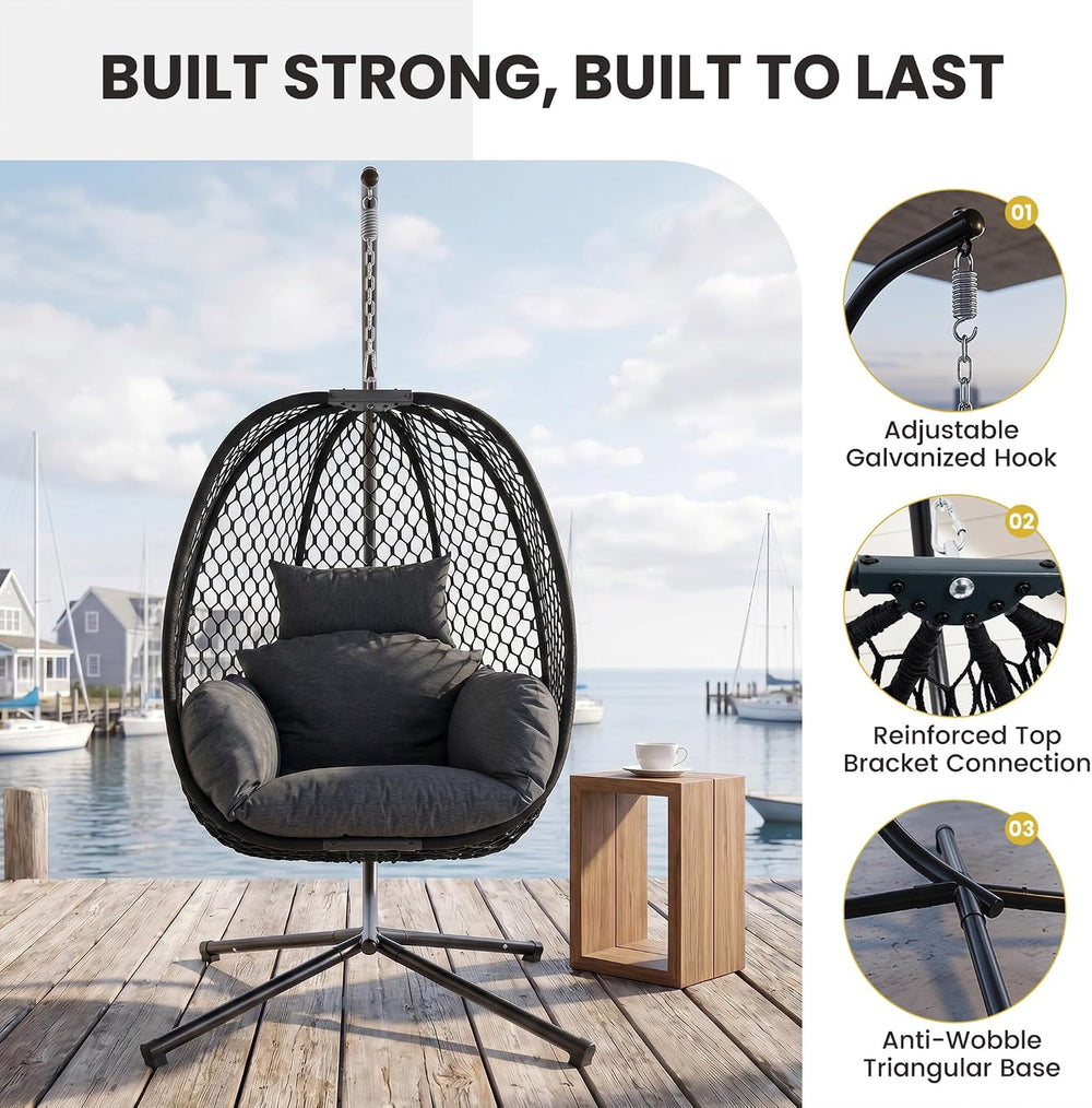 Egg Chair Outdoor with Stand, 400lbs Wicker Hanging Egg Swing Chair, Porch Sw...