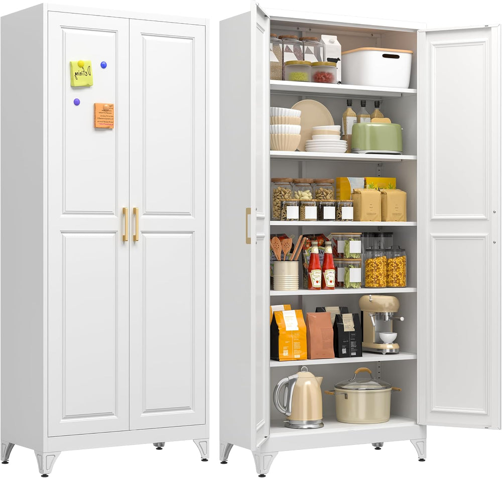 75" White Metal Storage Cabinet with Doors, Heavy Duty
