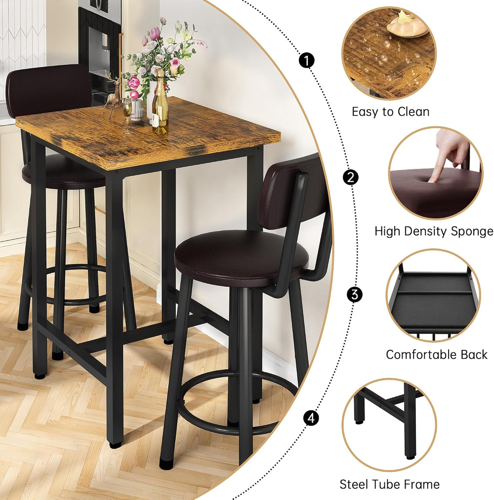 3 Piece Bar Table and Chairs Set for 2, Counter Height Square Pub Dining Set,...
