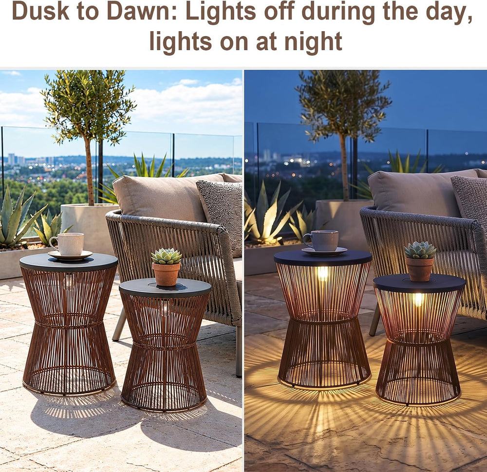 Farmhouse Solar Outdoor Side Table with Light, Poolside End Table Set of 2