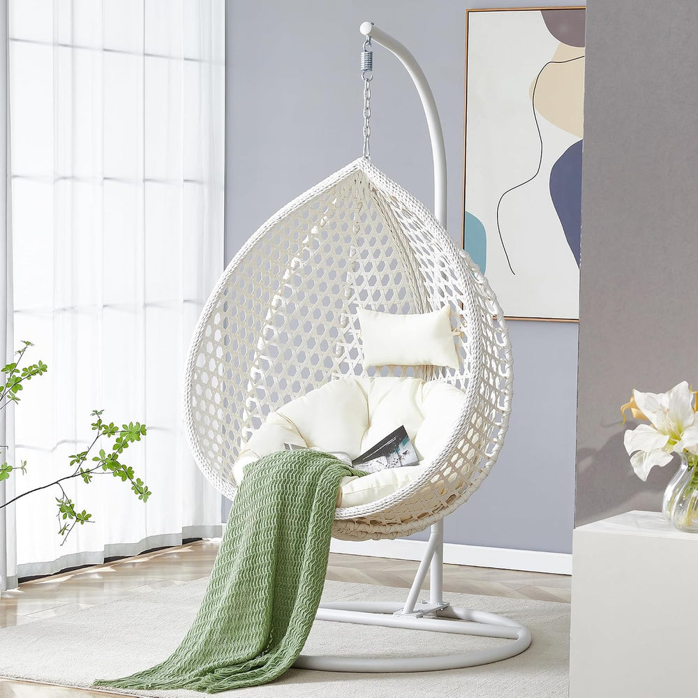 JUFU Egg Swing Chair with Stand, Hanging Egg Chair, White, Modern, Indoor/Out...