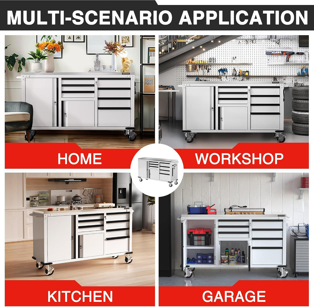 WORKPRO 62" x 20" 7-Drawer & 2-Door Rolling Tool Chest with Sta...