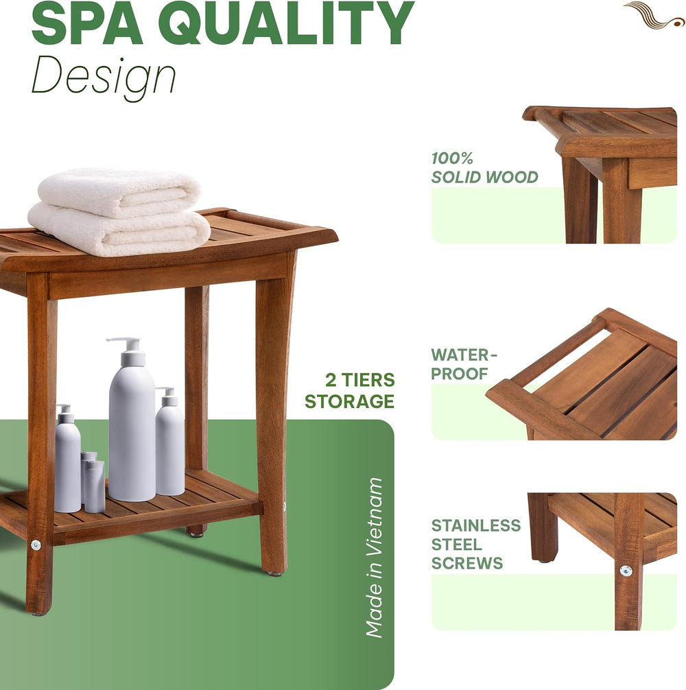 Solid Wood Shower Bench, Shower Stool Chair, Waterproof Non-Slip, Honey Oak