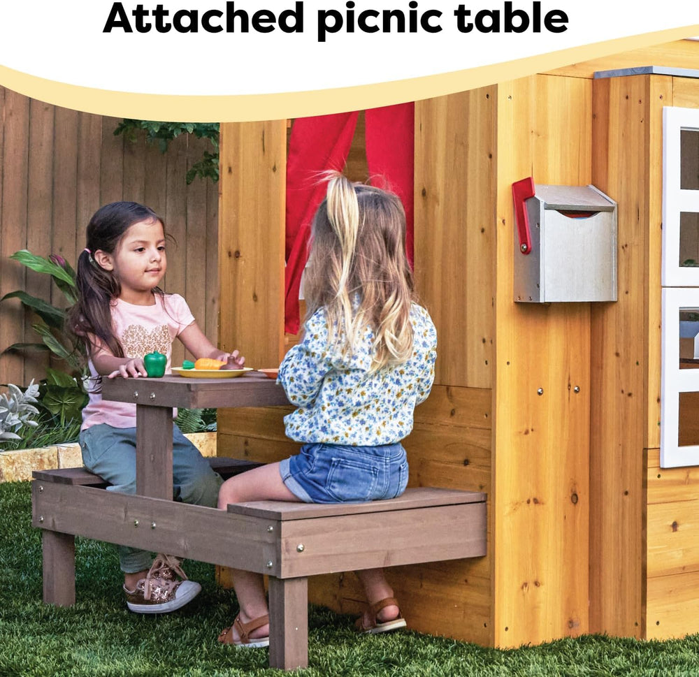 KidKraft Modern Outdoor Wooden Playhouse with Picnic Table, Mailbox and Outdo...